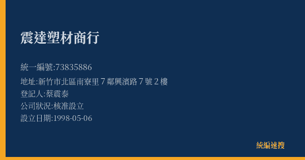 震達塑材商行的照片-統編 73835886(新竹市) 公司登記資料與營業項目詳細圖表
