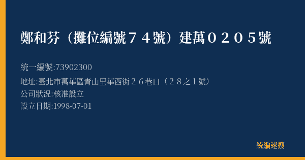 鄭和芬(攤位編號74號)建萬0205號的照片-統編 73902300(臺北市) 公司登記資料與營業項目詳細圖表