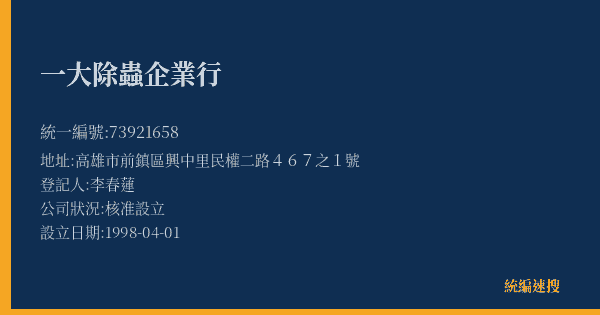 一大除蟲企業行的照片-統編 73921658(高雄市) 公司登記資料與營業項目詳細圖表