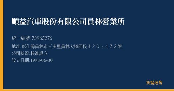 順益汽車股份有限公司員林營業所的照片-統編 73965276(彰化縣) 公司登記資料與營業項目詳細圖表