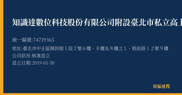 知識達數位科技股份有限公司附設臺北市私立高上文理短期補習班的照片-統編 74719365(臺北市) 公司登記資料與營業項目詳細圖表