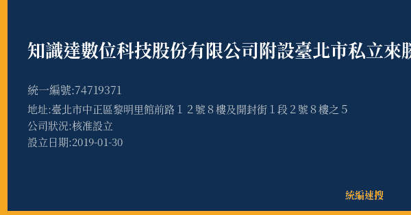 知識達數位科技股份有限公司附設臺北市私立來勝文理短期補習班的照片-統編 74719371(臺北市) 公司登記資料與營業項目詳細圖表