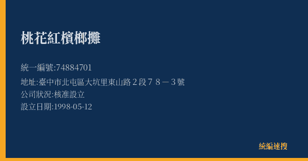 桃花紅檳榔攤的照片-統編 74884701(臺中市) 公司登記資料與營業項目詳細圖表
