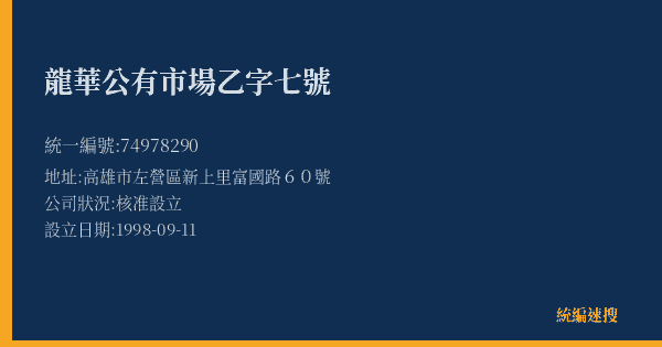 龍華公有市場乙字七號的照片-統編 74978290(高雄市) 公司登記資料與營業項目詳細圖表