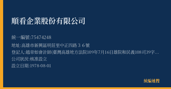 順看企業股份有限公司的照片-統編 75474248(高雄市) 公司登記資料與營業項目詳細圖表