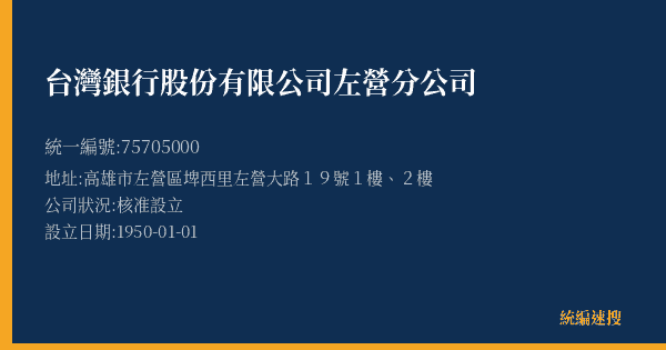 台灣銀行股份有限公司左營分公司的照片-統編 75705000(高雄市) 公司登記資料與營業項目詳細圖表