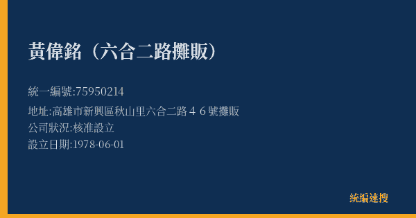 黃偉銘(六合二路攤販)的照片-統編 75950214(高雄市) 公司登記資料與營業項目詳細圖表