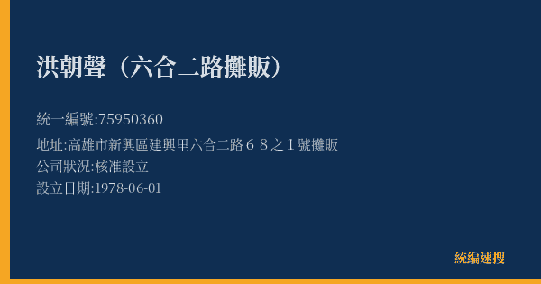 洪朝聲(六合二路攤販)的照片-統編 75950360(高雄市) 公司登記資料與營業項目詳細圖表