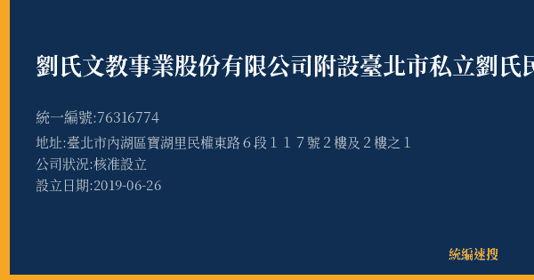 劉氏文教事業股份有限公司附設臺北市私立劉氏民權東作文文理技藝短期補習班的照片-統編 76316774(臺北市) 公司登記資料與營業項目詳細圖表
