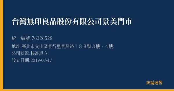 台灣無印良品股份有限公司景美門市的照片-統編 76326528(臺北市) 公司登記資料與營業項目詳細圖表