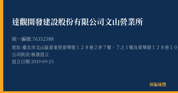達觀開發建設股份有限公司文山營業所的照片-統編 76352588(臺北市) 公司登記資料與營業項目詳細圖表