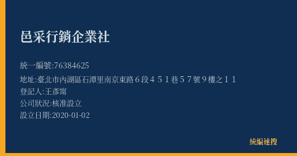 邑采行銷企業社的照片-統編 76384625(臺北市) 公司登記資料與營業項目詳細圖表