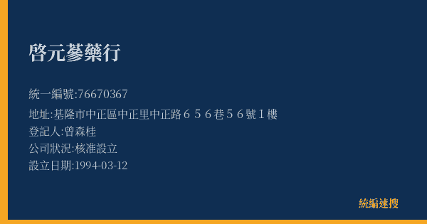 啓元蔘藥行的照片-統編 76670367(基隆市) 公司登記資料與營業項目詳細圖表