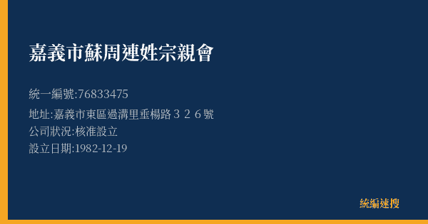 嘉義市蘇周連姓宗親會的照片-統編 76833475(嘉義市) 公司登記資料與營業項目詳細圖表