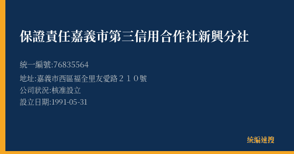 保證責任嘉義市第三信用合作社新興分社的照片-統編 76835564(嘉義市) 公司登記資料與營業項目詳細圖表