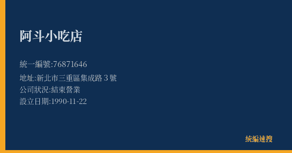阿斗小吃店的照片-統編 76871646(新北市) 公司登記資料與營業項目詳細圖表