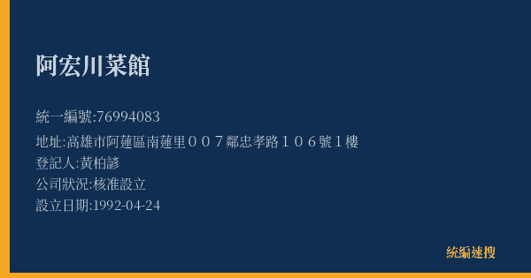 阿宏川菜館的照片-統編 76994083(高雄市) 公司登記資料與營業項目詳細圖表