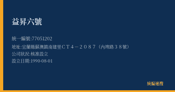 益昇六號的照片-統編 77051202(宜蘭縣) 公司登記資料與營業項目詳細圖表