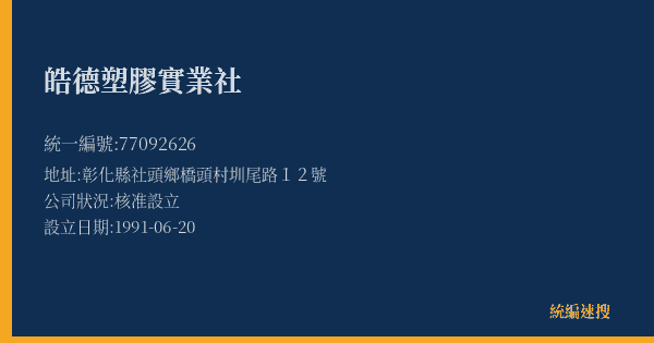 皓德塑膠實業社的照片-統編 77092626(彰化縣) 公司登記資料與營業項目詳細圖表