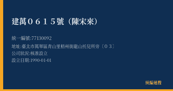 建萬0615號(陳宋來)的照片-統編 77130092(臺北市) 公司登記資料與營業項目詳細圖表