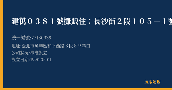 建萬0381號攤販住:長沙街2段105-1號8樓的照片-統編 77130939(臺北市) 公司登記資料與營業項目詳細圖表