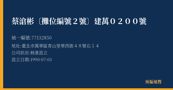 蔡滄彬〔攤位編號2號〕建萬0200號的照片-統編 77132850(臺北市) 公司登記資料與營業項目詳細圖表