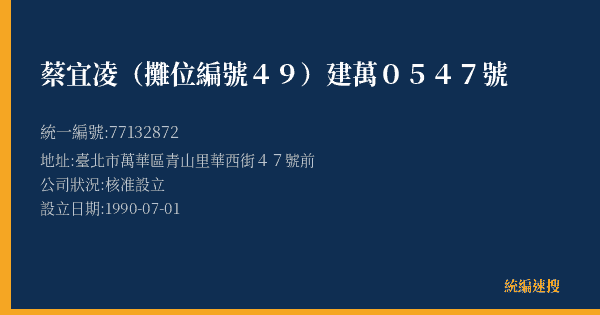 蔡宜凌(攤位編號49)建萬0547號的照片-統編 77132872(臺北市) 公司登記資料與營業項目詳細圖表