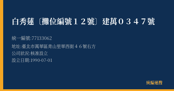 白秀蓮〔攤位編號12號〕建萬0347號的照片-統編 77133062(臺北市) 公司登記資料與營業項目詳細圖表
