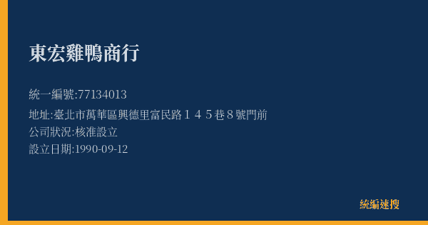 東宏雞鴨商行的照片-統編 77134013(臺北市) 公司登記資料與營業項目詳細圖表