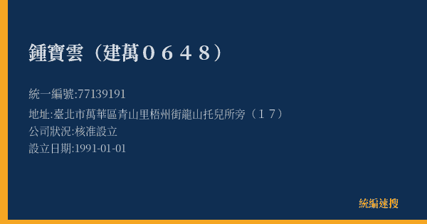 鍾寶雲(建萬0648)的照片-統編 77139191(臺北市) 公司登記資料與營業項目詳細圖表