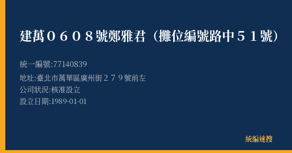 建萬0608號鄭雅君(攤位編號路中51號)的照片-統編 77140839(臺北市) 公司登記資料與營業項目詳細圖表