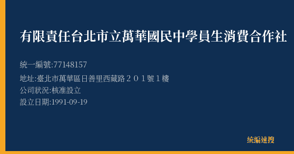有限責任台北市立萬華國民中學員生消費合作社的照片-統編 77148157(臺北市) 公司登記資料與營業項目詳細圖表