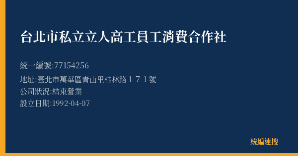台北市私立立人高工員工消費合作社的照片-統編 77154256(臺北市) 公司登記資料與營業項目詳細圖表