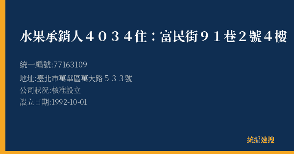 水果承銷人4034住:富民街91巷2號4樓的照片-統編 77163109(臺北市) 公司登記資料與營業項目詳細圖表