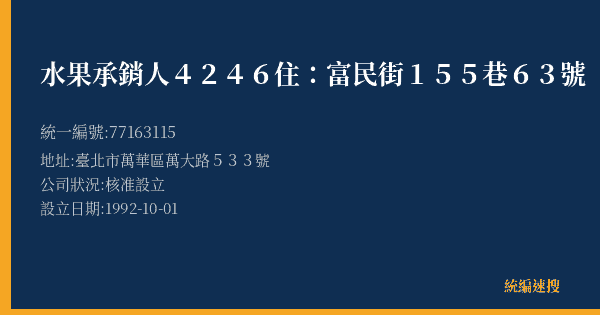 水果承銷人4246住:富民街155巷63號的照片-統編 77163115(臺北市) 公司登記資料與營業項目詳細圖表