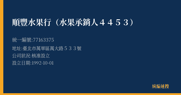 順豐水果行(水果承銷人4453)的照片-統編 77163375(臺北市) 公司登記資料與營業項目詳細圖表