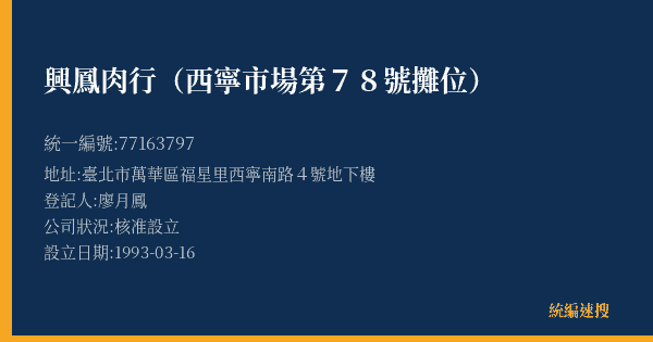 興鳳肉行(西寧市場第78號攤位)的照片-統編 77163797(臺北市) 公司登記資料與營業項目詳細圖表