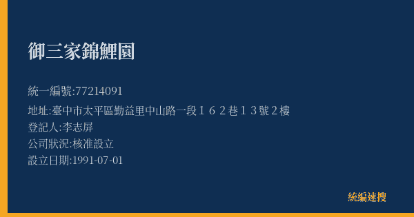 御三家錦鯉園的照片-統編 77214091(臺中市) 公司登記資料與營業項目詳細圖表