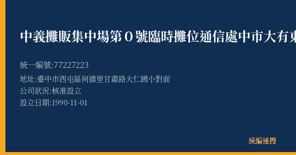 中義攤販集中場第0號臨時攤位通信處中市大有東街號的照片-統編 77227223(臺中市) 公司登記資料與營業項目詳細圖表
