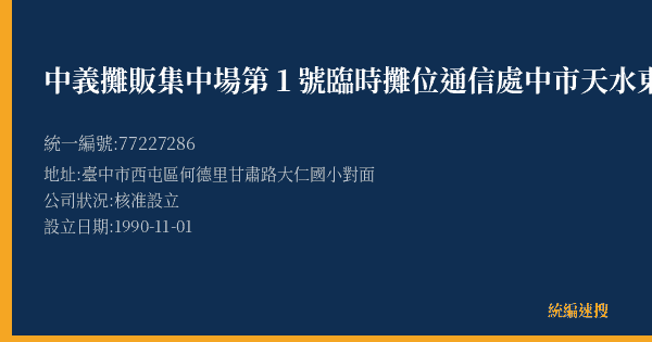 中義攤販集中場第1號臨時攤位通信處中市天水東街號的照片-統編 77227286(臺中市) 公司登記資料與營業項目詳細圖表