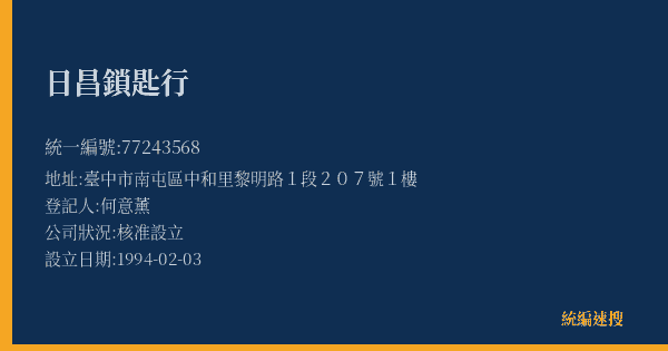 日昌鎖匙行的照片-統編 77243568(臺中市) 公司登記資料與營業項目詳細圖表