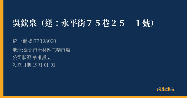 吳欽泉(送:永平街75巷25-1號)的照片-統編 77398020(臺北市) 公司登記資料與營業項目詳細圖表