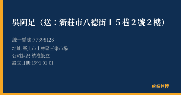 吳阿足(送:新莊市八德街15巷2號2樓)的照片-統編 77398128(臺北市) 公司登記資料與營業項目詳細圖表