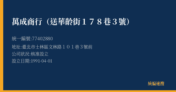 萬成商行(送華齡街178巷3號)的照片-統編 77402880(臺北市) 公司登記資料與營業項目詳細圖表