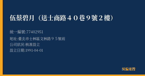 伍蔡碧月(送士商路40巷9號2樓)的照片-統編 77402951(臺北市) 公司登記資料與營業項目詳細圖表