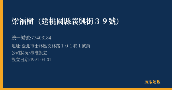 梁福樹(送桃園縣義興街39號)的照片-統編 77403184(臺北市) 公司登記資料與營業項目詳細圖表