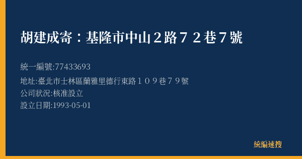 胡建成寄:基隆市中山2路72巷7號的照片-統編 77433693(臺北市) 公司登記資料與營業項目詳細圖表