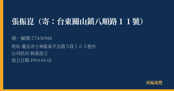 張振崑(寄:台東關山鎮八順路11號)的照片-統編 77436946(臺北市) 公司登記資料與營業項目詳細圖表