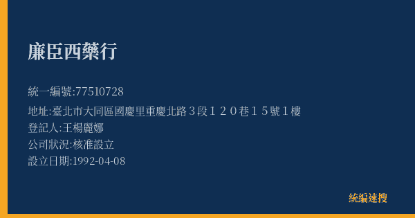廉臣西藥行的照片-統編 77510728(臺北市) 公司登記資料與營業項目詳細圖表