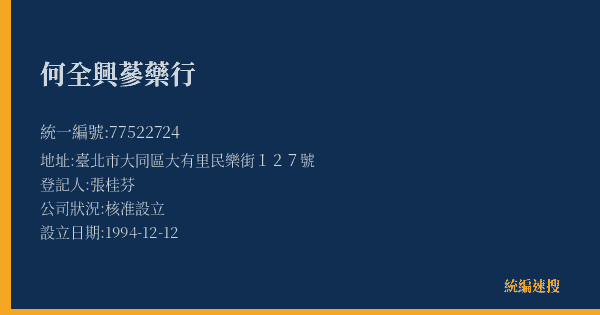 何全興蔘藥行的照片-統編 77522724(臺北市) 公司登記資料與營業項目詳細圖表